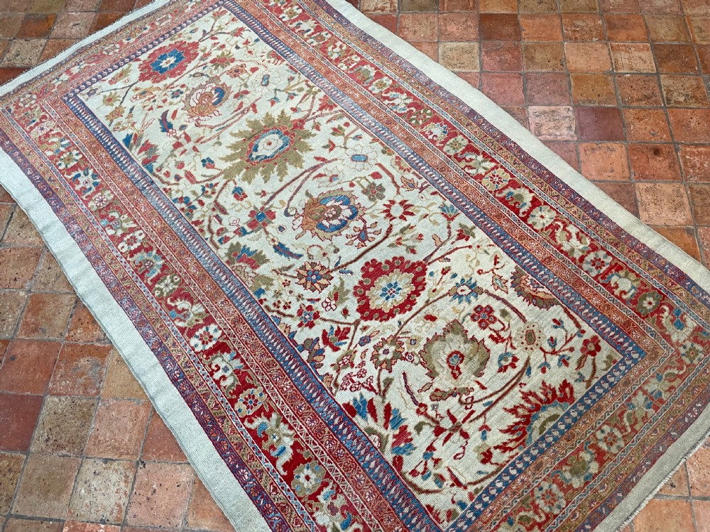 An antique hand-knotted wool carpet featuring an ivory central field patterned with red and blue floral palmettes framed by wide decorative borders. View VIII