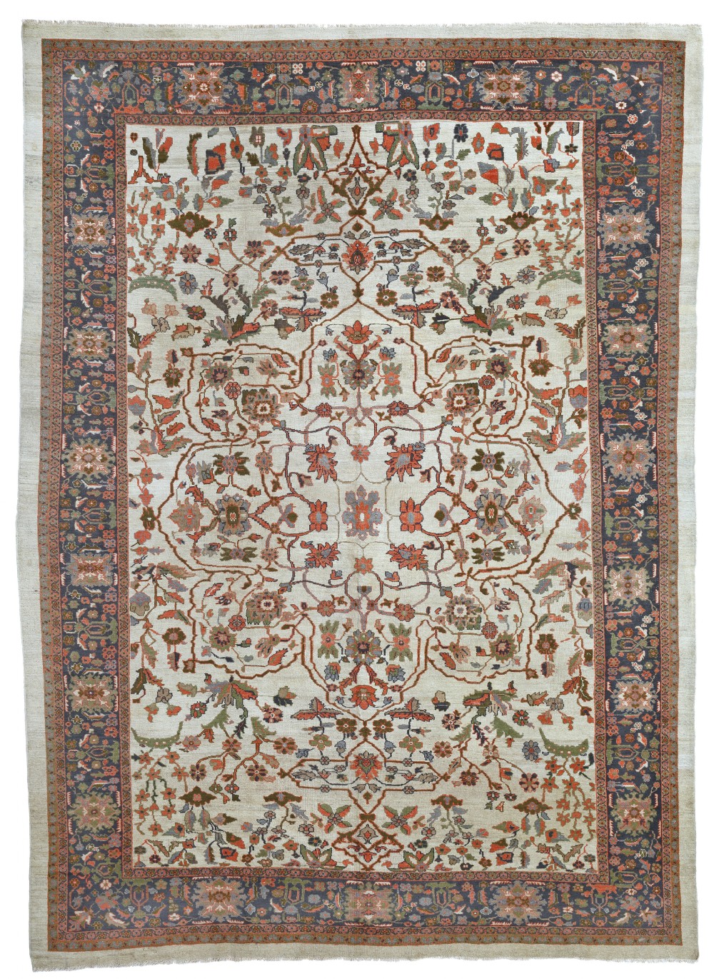 An antique Persian Sultanabad wool carpet featuring a cream central field with terracotta and green floral scrollwork framed by a dark navy border.