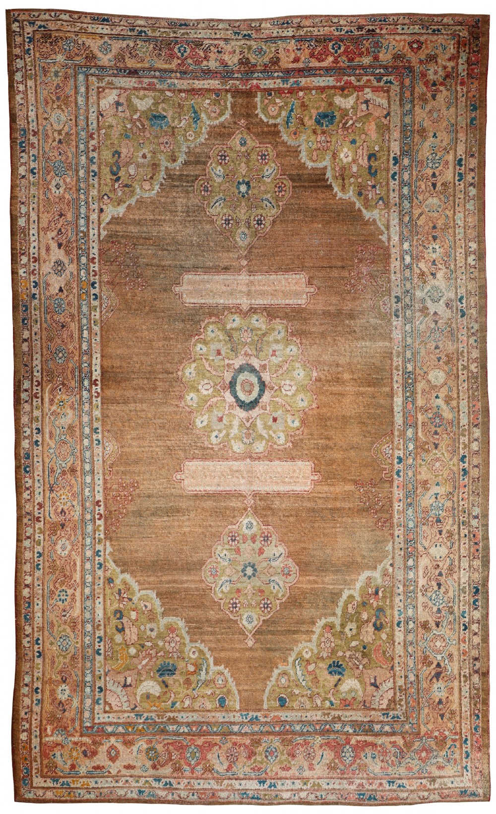 An antique hand-knotted Angora Ushak carpet featuring a warm brown field with a central floral medallion, corner spandrels, and multi-layered patterned borders in soft green, terracotta, and ochre.