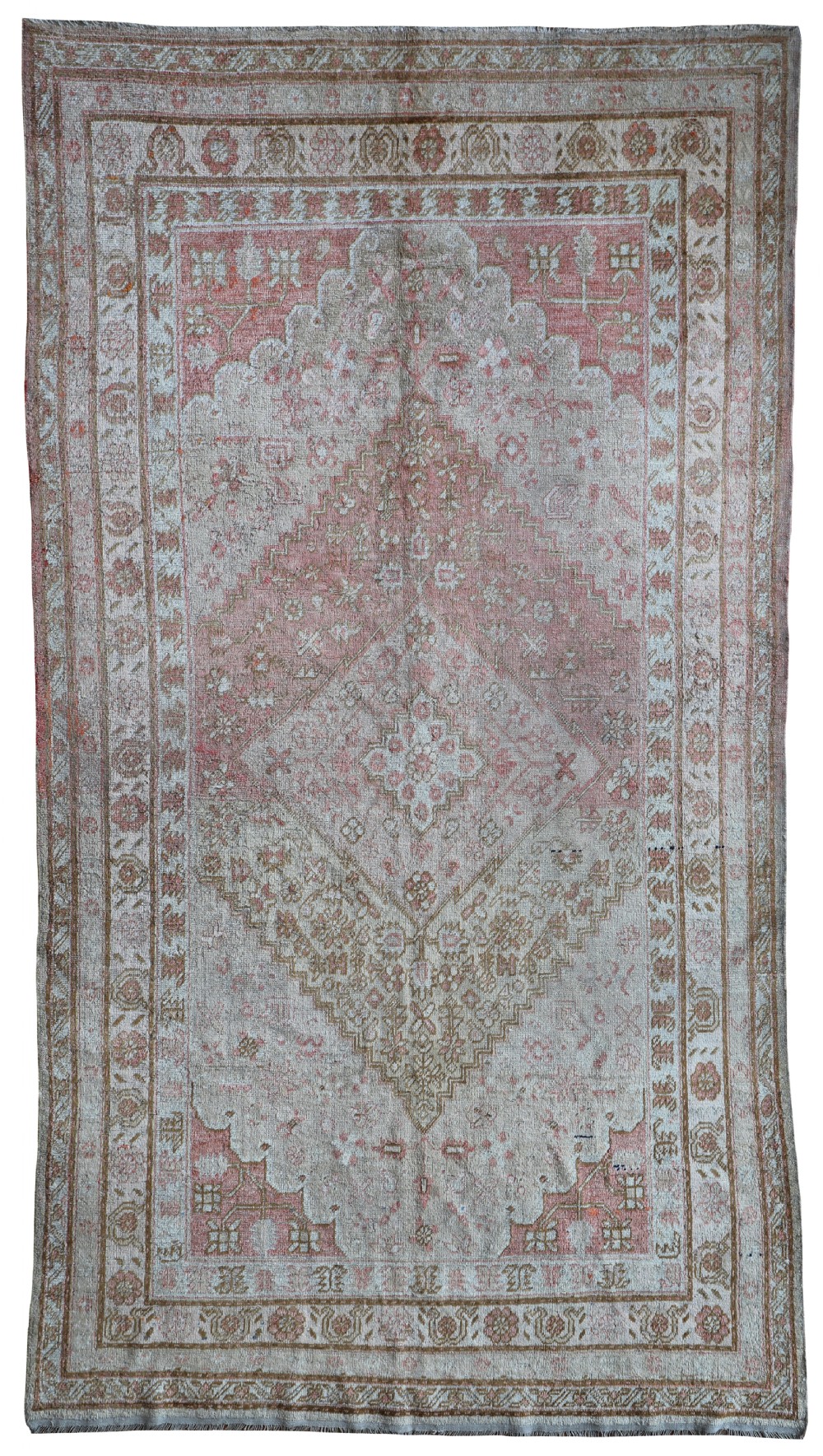 An antique rectangular Samarkand Kelleh wool rug featuring a central diamond medallion design in muted terracotta pink, cream, and soft brown tones.