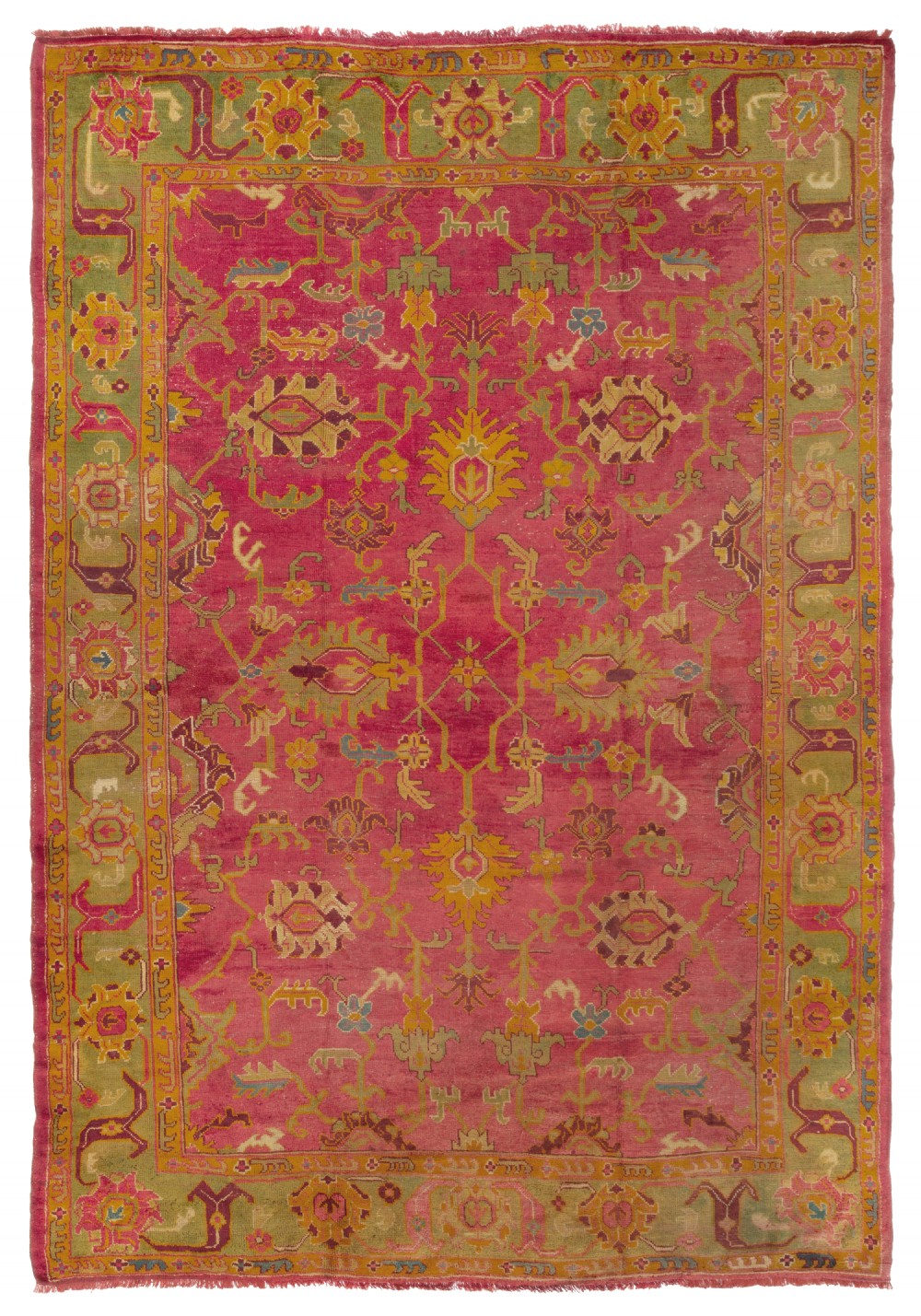An antique hand-knotted Ushak wool carpet featuring a magenta central field with stylised yellow and green floral motifs surrounded by an olive green border.