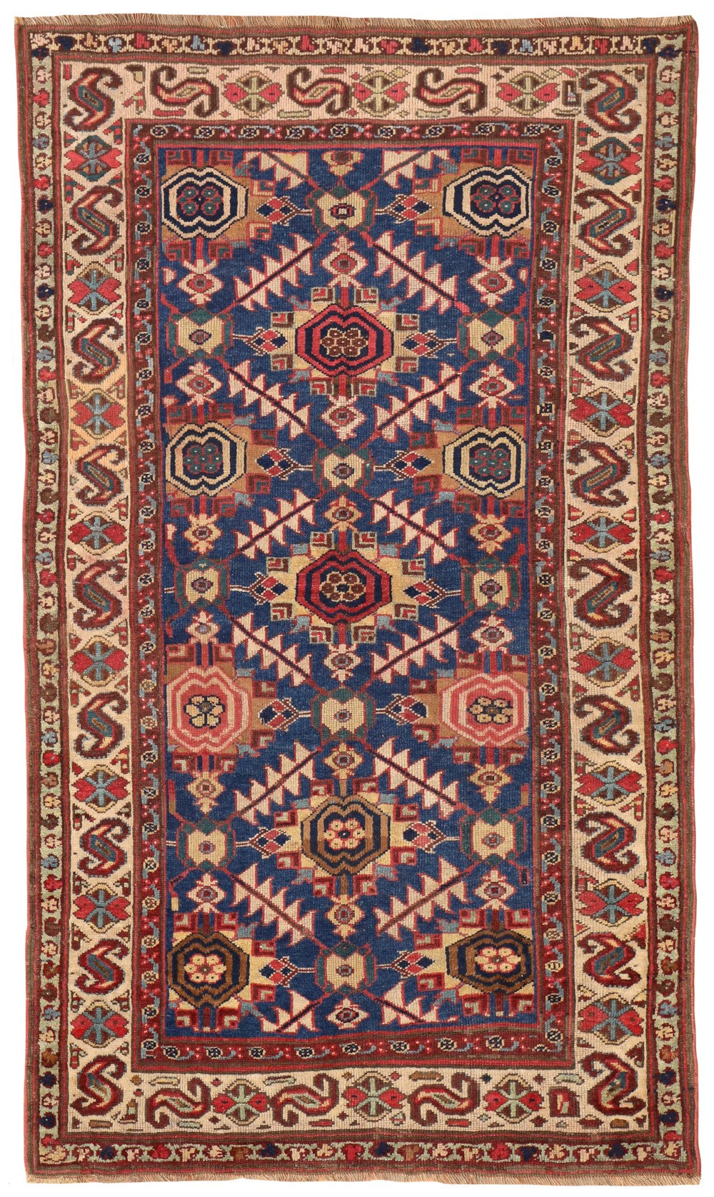 An antique Shahsevan wool rug featuring a central indigo field with geometric diamond medallions, surrounded by ivory and red patterned borders.