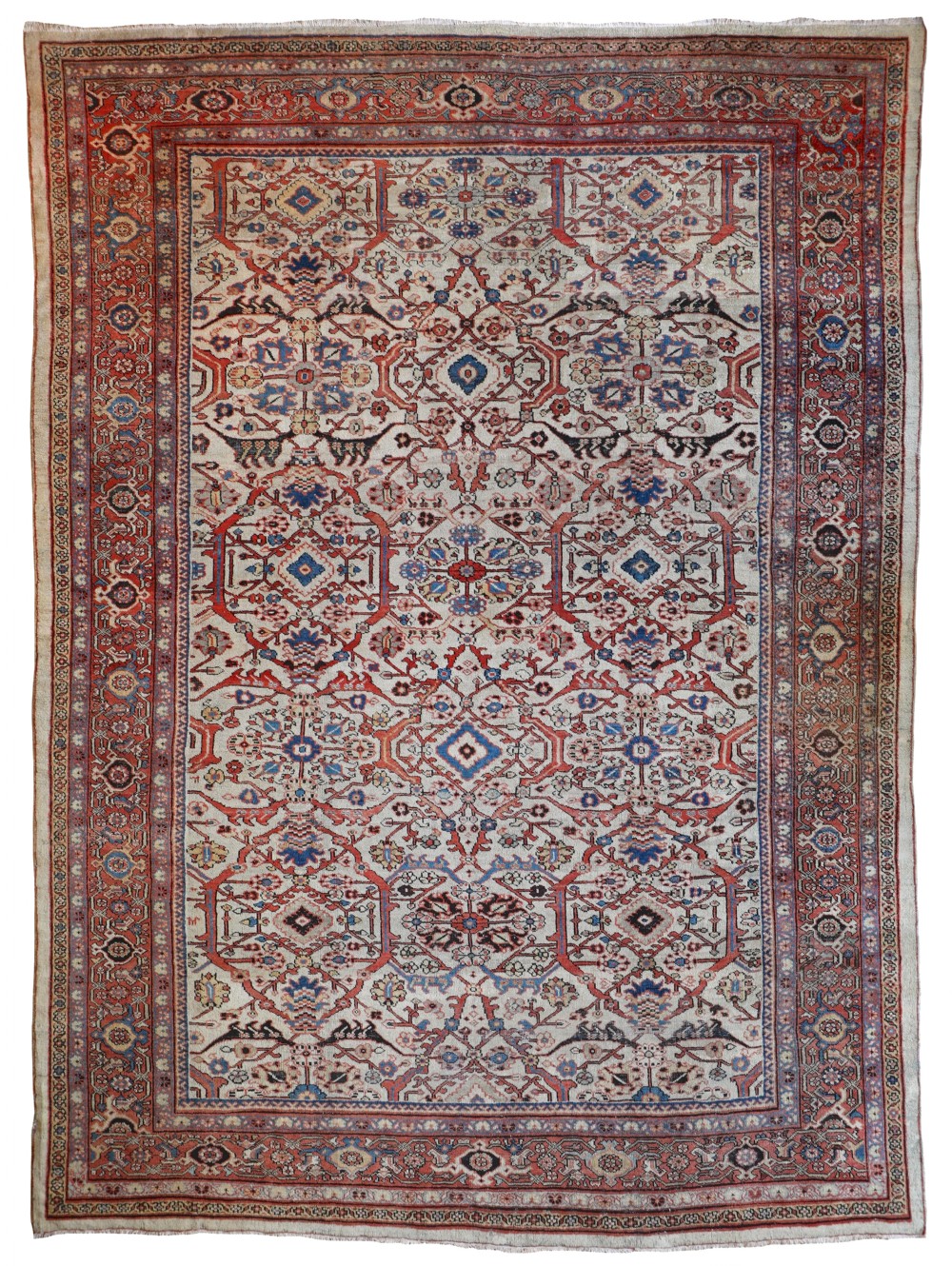 An antique Persian Mahal wool carpet featuring a cream central field with detailed floral lattice patterns framed by a terracotta red border.