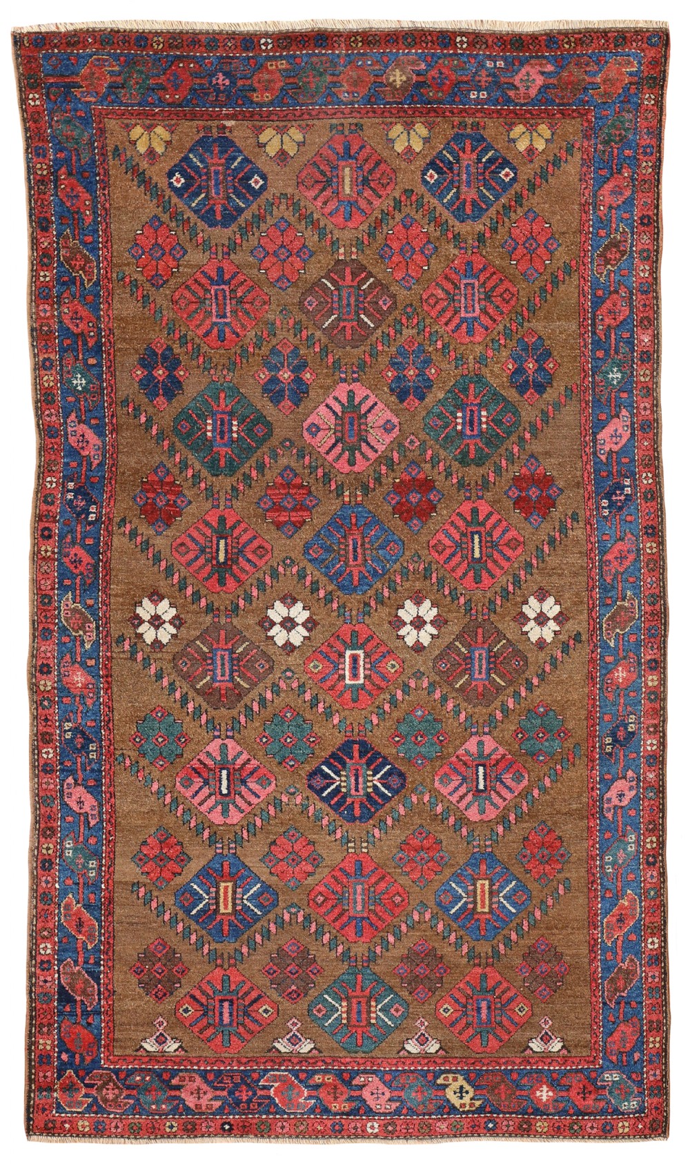 An antique hand-knotted Kurdish wool rug featuring geometric diamond medallions on a warm brown field framed by decorative blue and red borders.