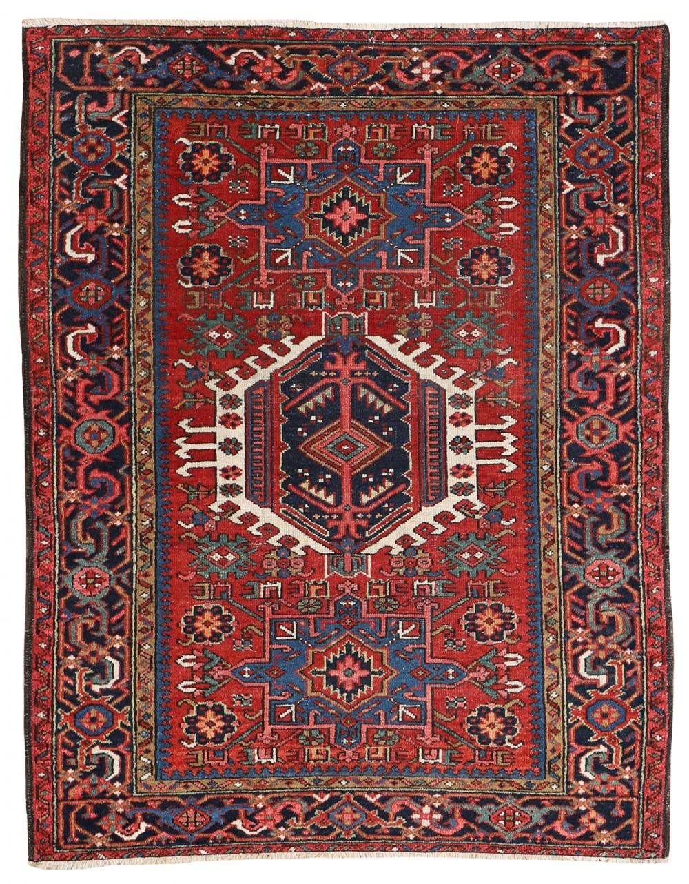 An antique hand-knotted Persian Karaja rug featuring a red field with three prominent geometric medallions and decorative borders in navy, teal, and ivory.