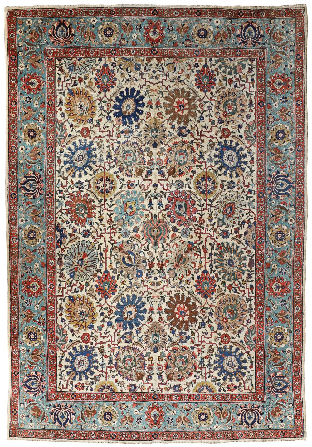 An antique Tabriz hand-knotted wool carpet featuring a cream ground decorated with floral palmettes and framed by a light blue decorative border.