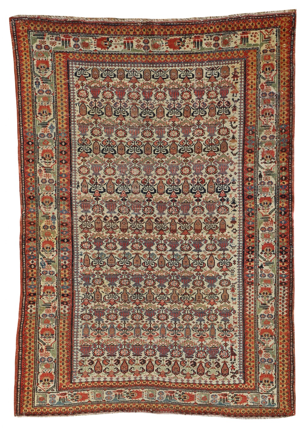 A hand-knotted antique Malayer rug featuring a detailed repeating geometric vase pattern on a cream field, framed by multi-coloured borders in terracotta, navy, and green.