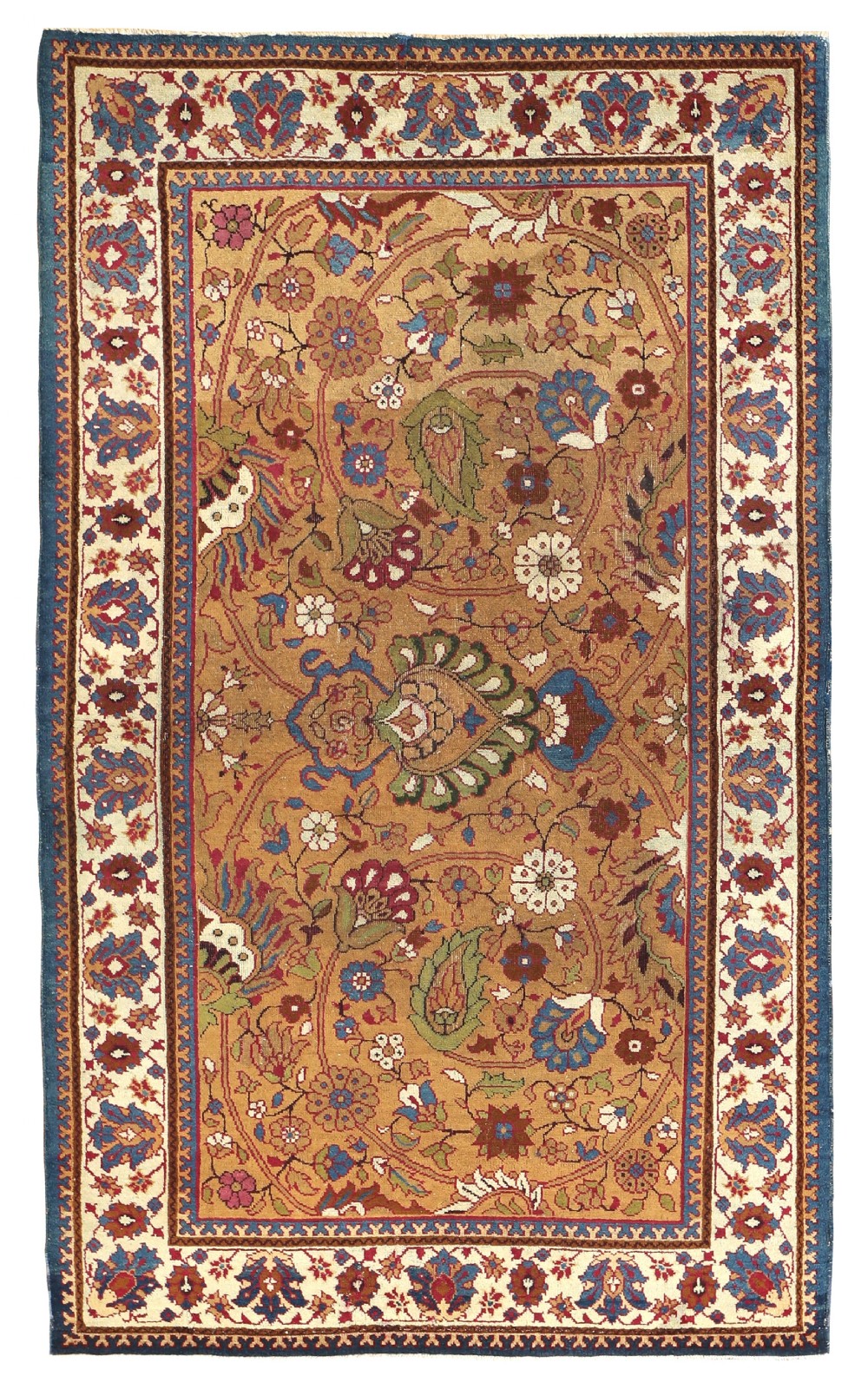 A rectangular hand-knotted antique Agra wool rug featuring a golden tan central field filled with intricate floral palmettes and scrollwork within a wide ivory motif border.