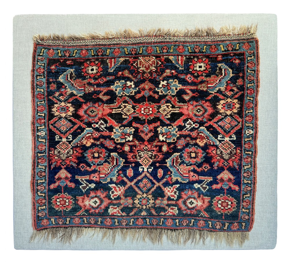 An antique square hand-knotted wool Bidjar bag face displaying elaborate geometric floral patterns in navy blue, crimson red, and light blue with a outer meander border.