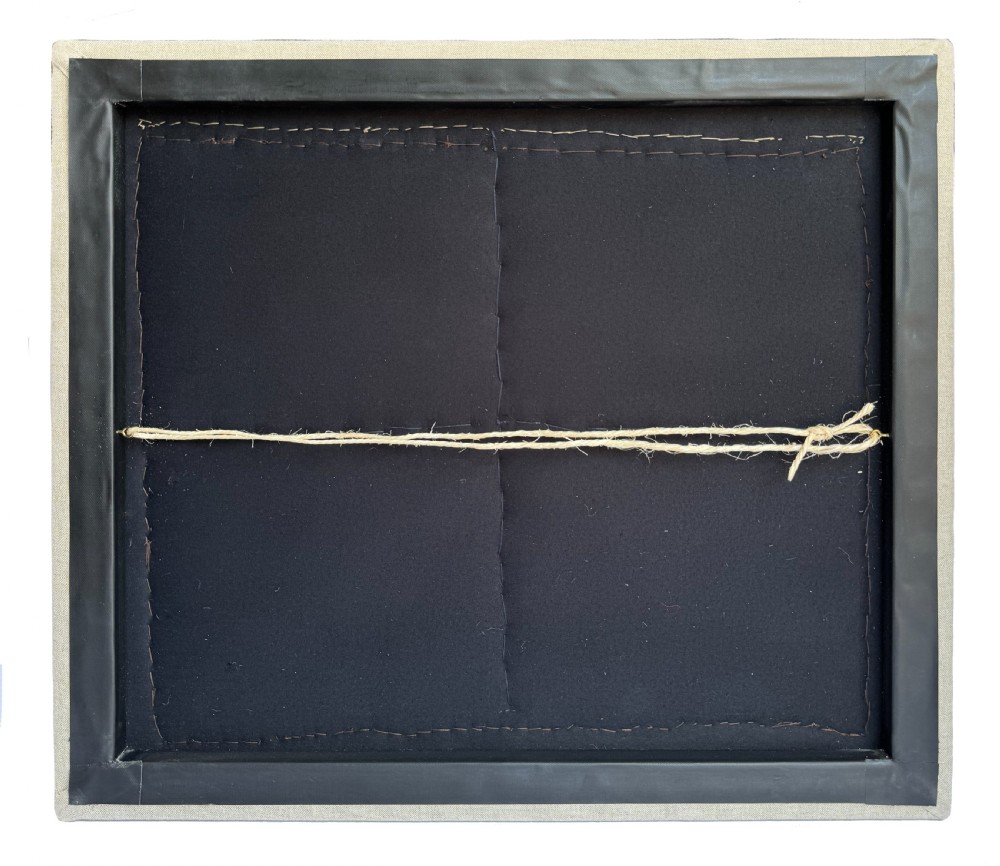 An antique square hand-knotted wool Bidjar bag face displaying elaborate geometric floral patterns in navy blue, crimson red, and light blue with a outer meander border. View II
