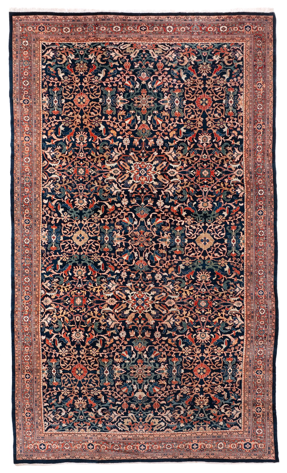 An antique Persian Mahal carpet featuring an intricate all-over floral arabesque pattern in terracotta and cream on a dark navy blue field with a wide floral border.