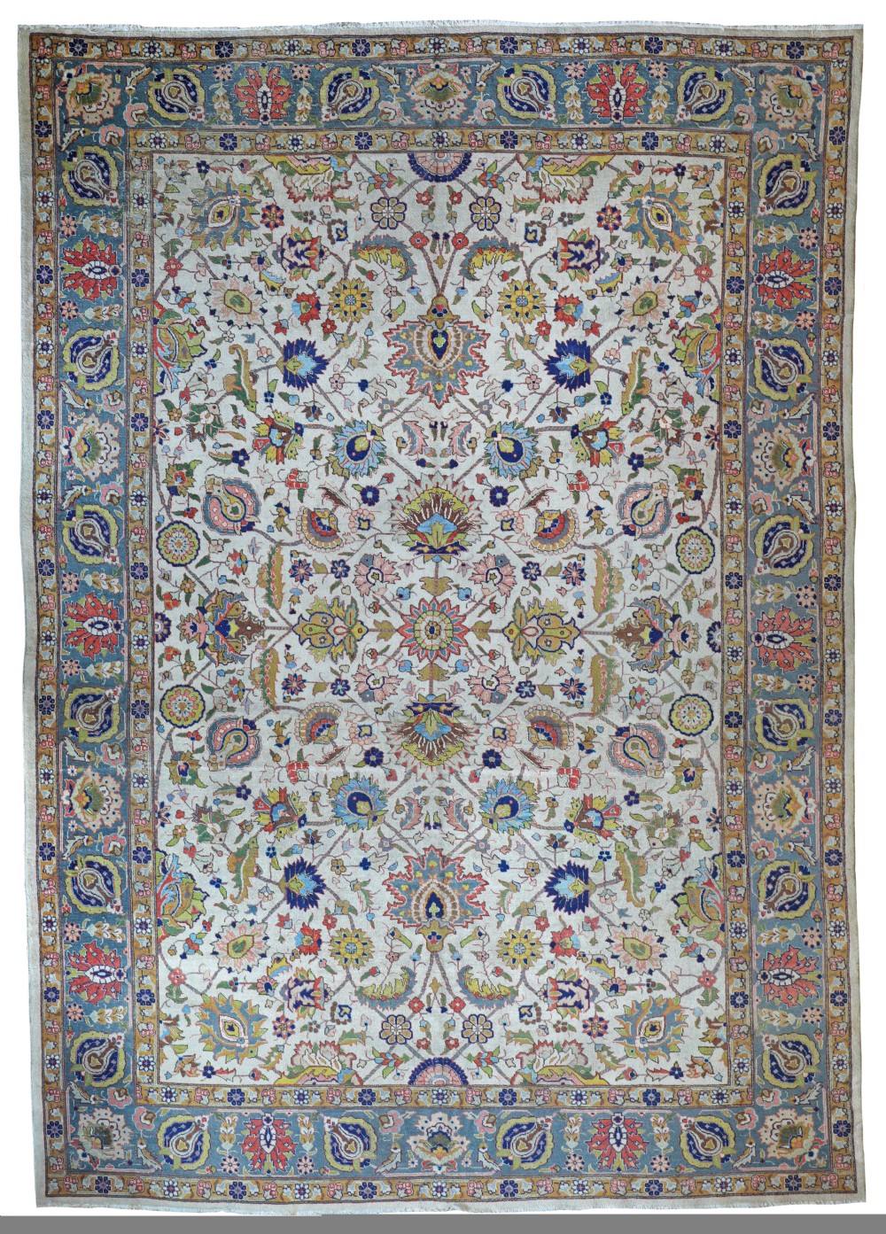 An antique Tabriz wool rug featuring an ivory field covered in intricate floral arabesques, enclosed by a light blue patterned border.