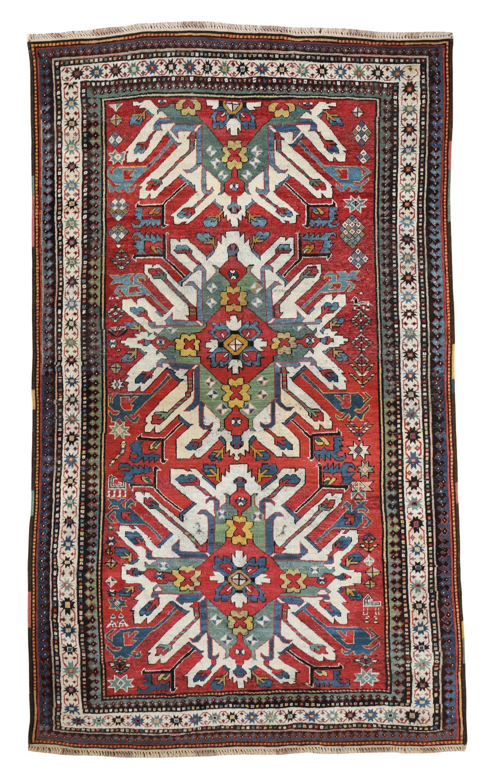 An antique hand-knotted Chelaberd Kazak wool rug featuring central eagle sunburst medallions in ivory, blue, and green set against a deep red field.