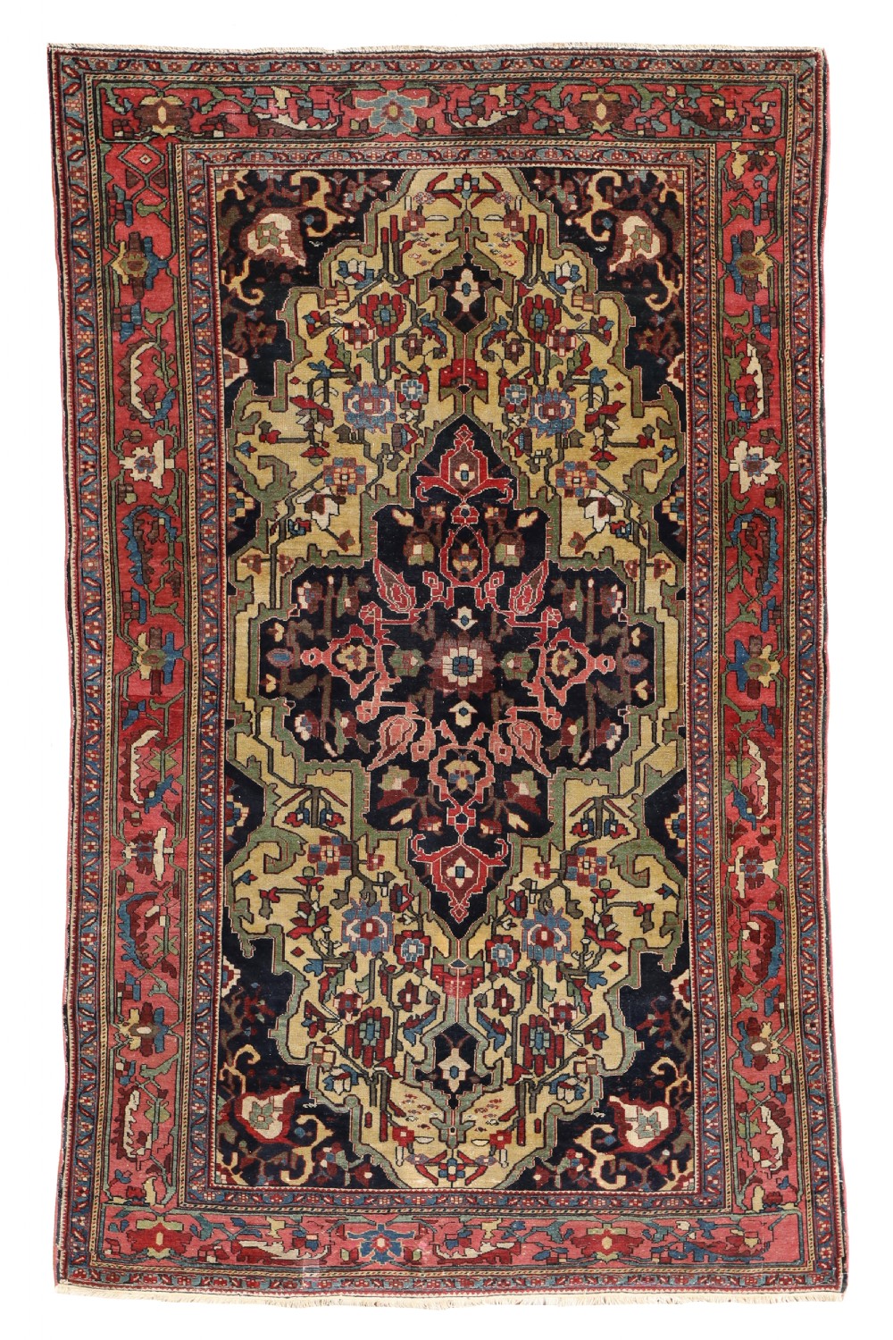 An antique Persian Malayer wool rug with a navy geometric central medallion on a cream field, framed by stepped multi-coloured borders.