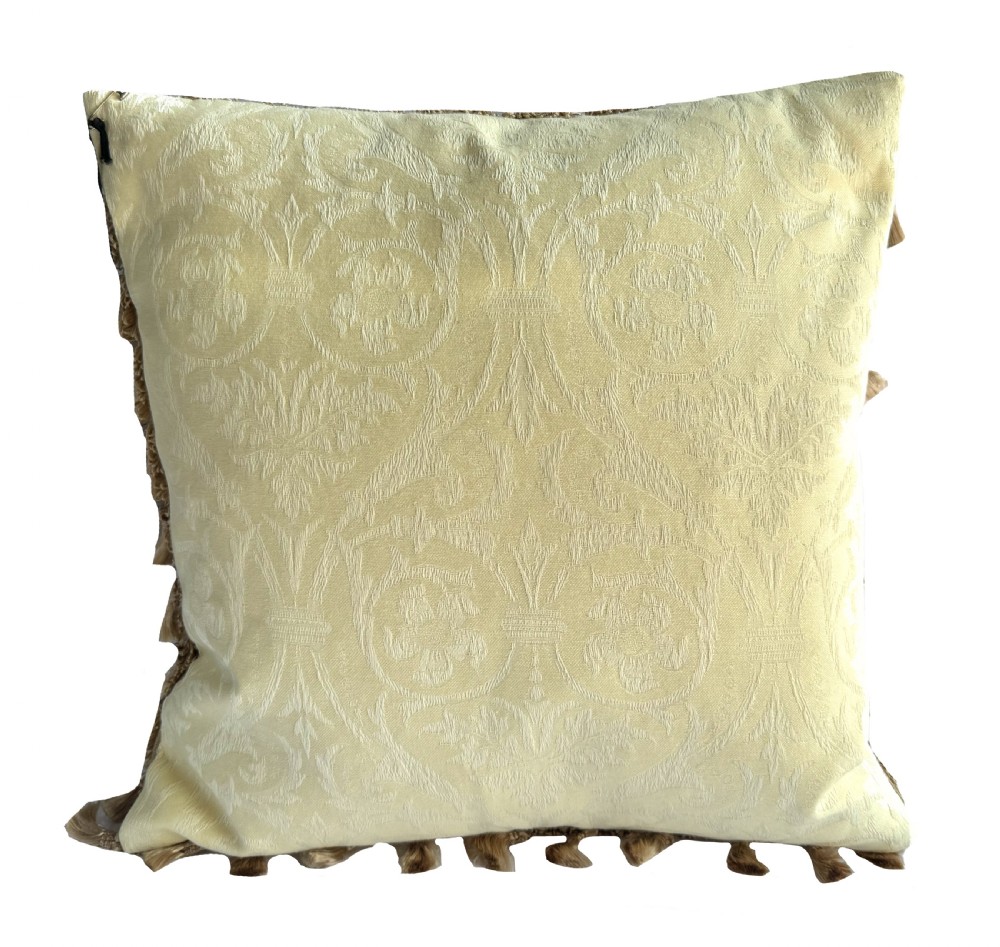 A square antique French Aubusson tapestry cushion featuring soft pink floral motifs and scrolling foliage with a fringed border. View II