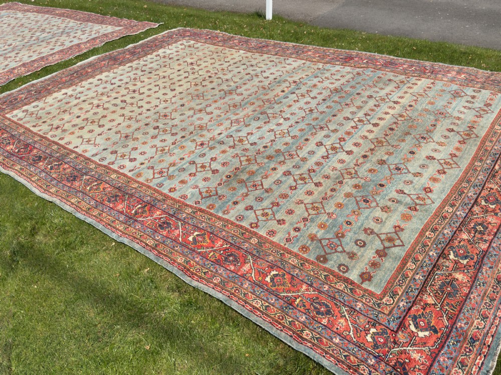 An antique Mahal Persian wool carpet featuring a muted blue field with repeating red geometric lattice motifs and a wide red floral border. View XIX