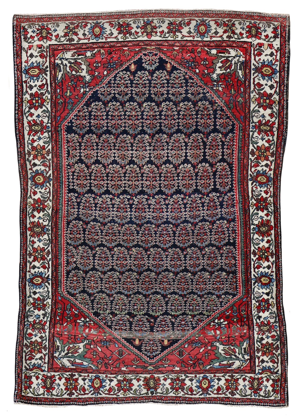 A hand-knotted Persian Farahan rug featuring a dark navy central field with repeating floral motifs surrounded by red spandrels and a patterned border.