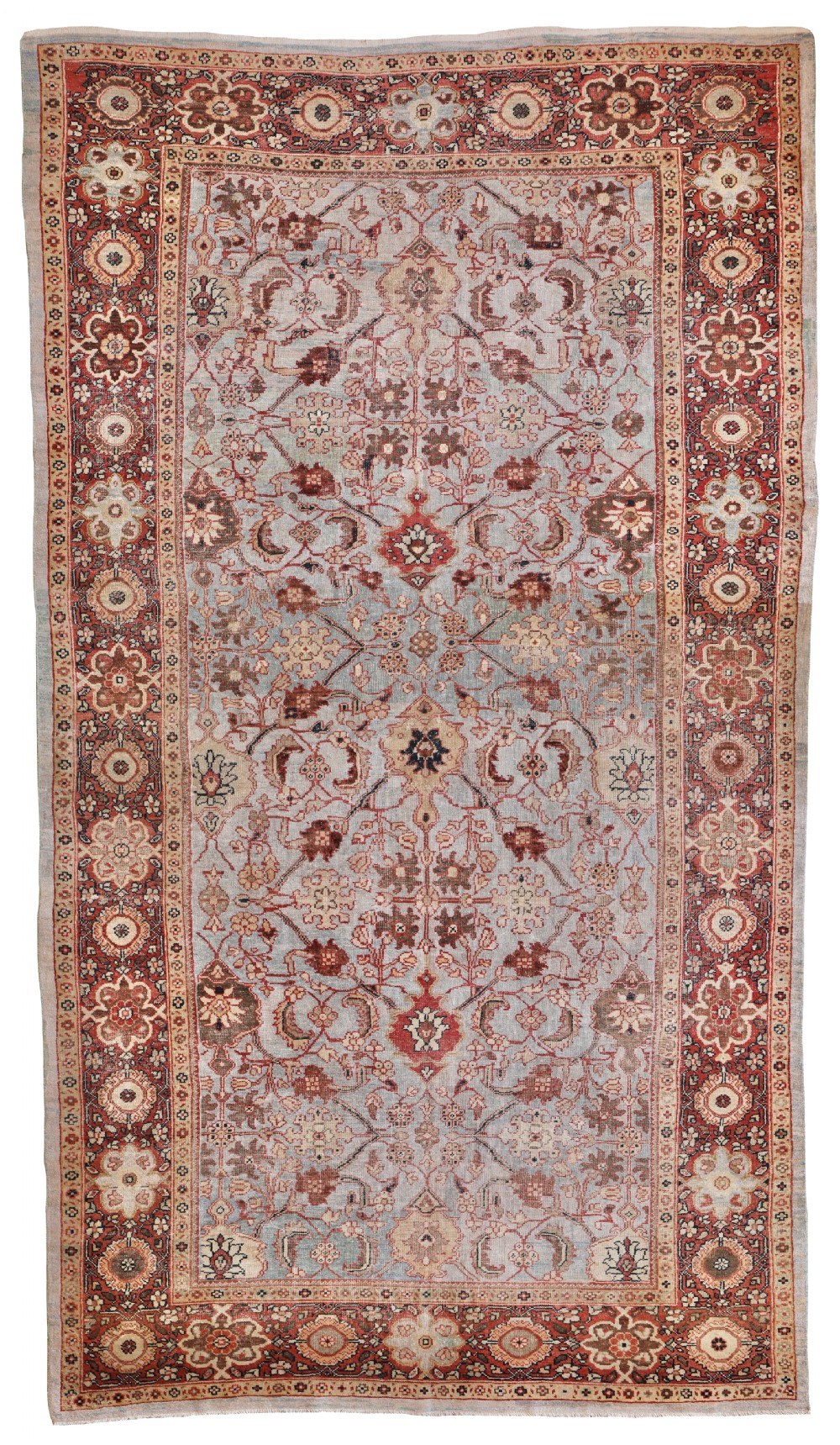 An antique Persian Mahal hand-knotted wool carpet featuring a light blue field with floral palmette lattice patterns framed by a terracotta floral border.