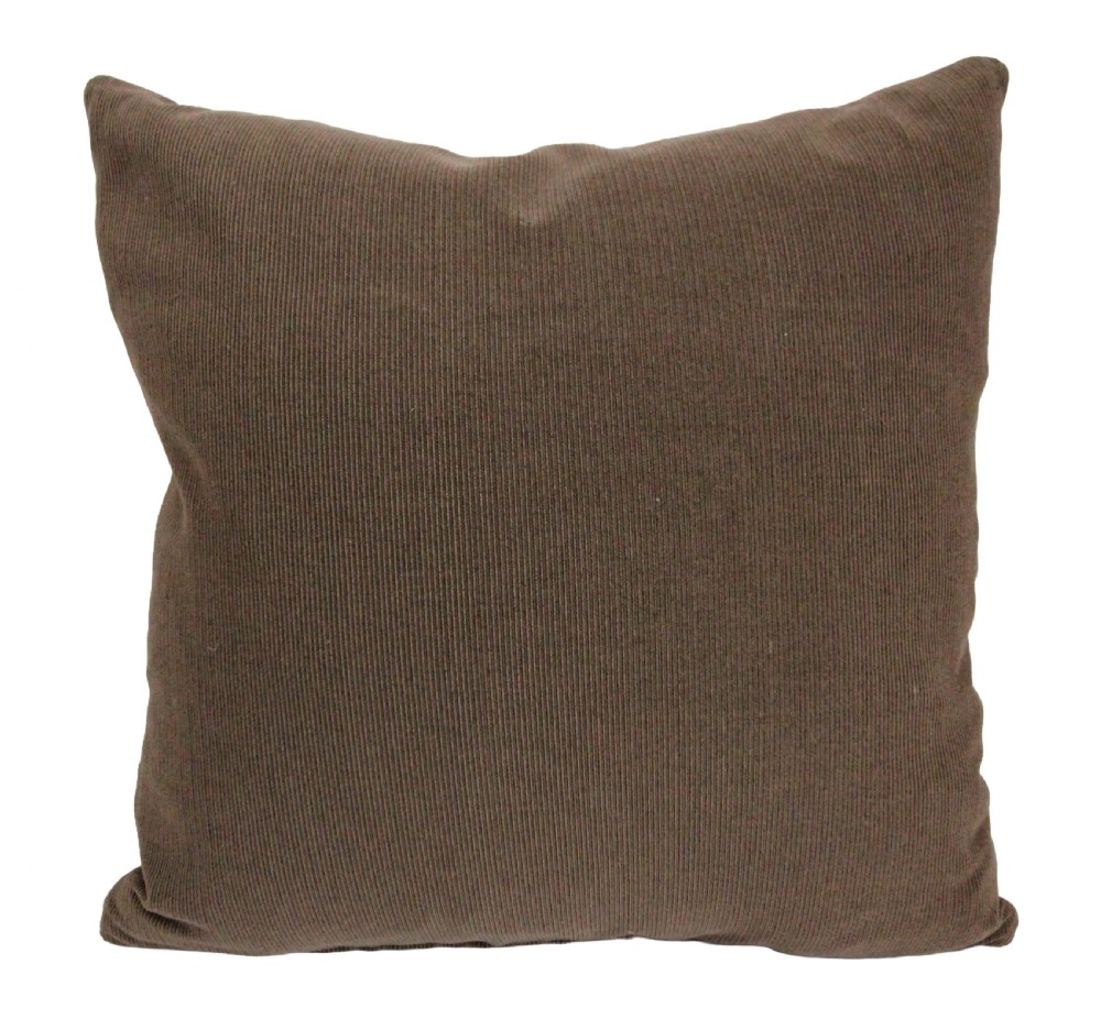 A square antique kilim cushion woven with geometric diamond patterns in cream, dark brown, red, terracotta, and soft blue tones. View V