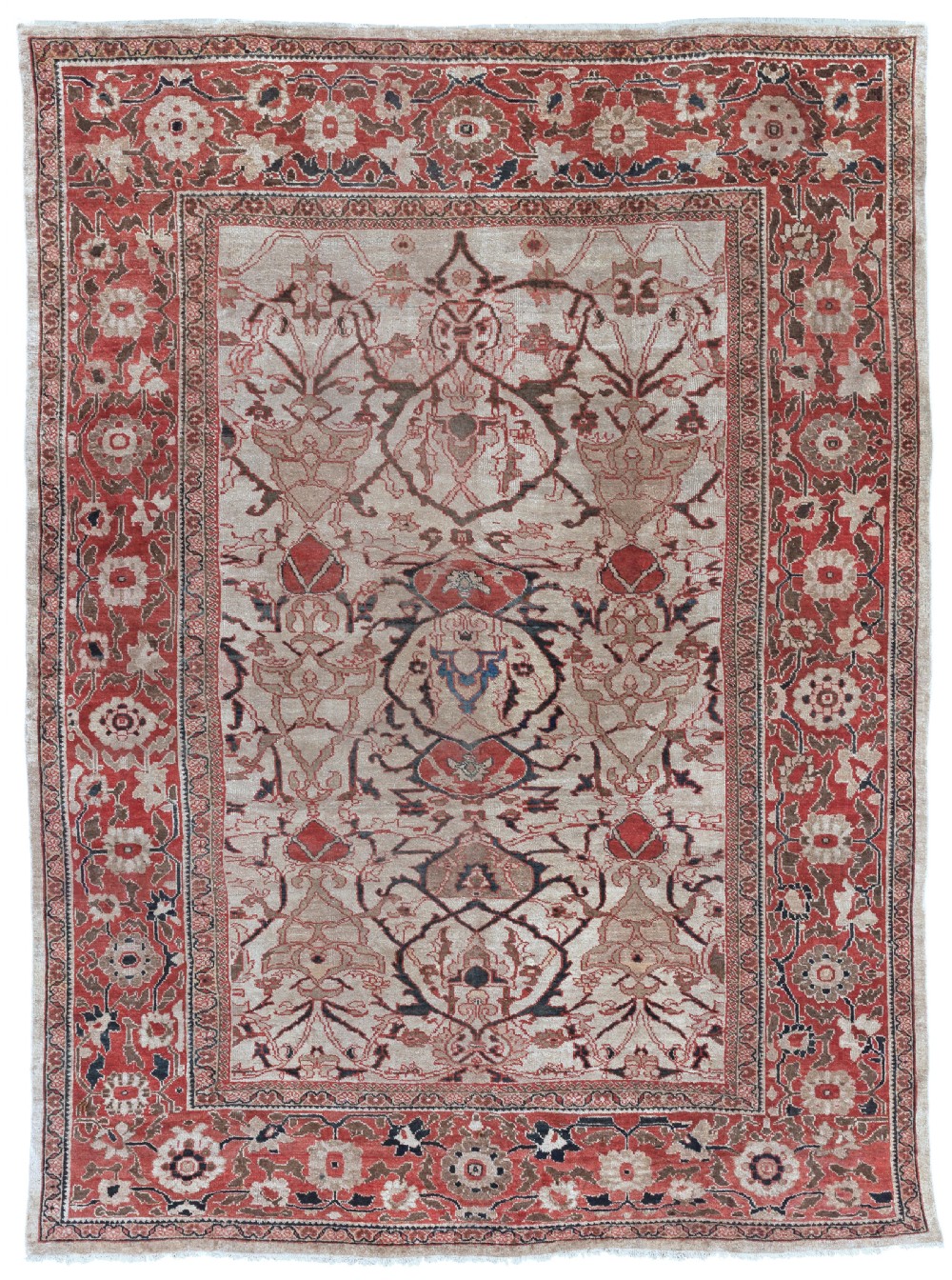 An antique hand-knotted Persian Ziegler carpet featuring a cream central field with brown floral arabesques surrounded by a wide terracotta red botanical border.