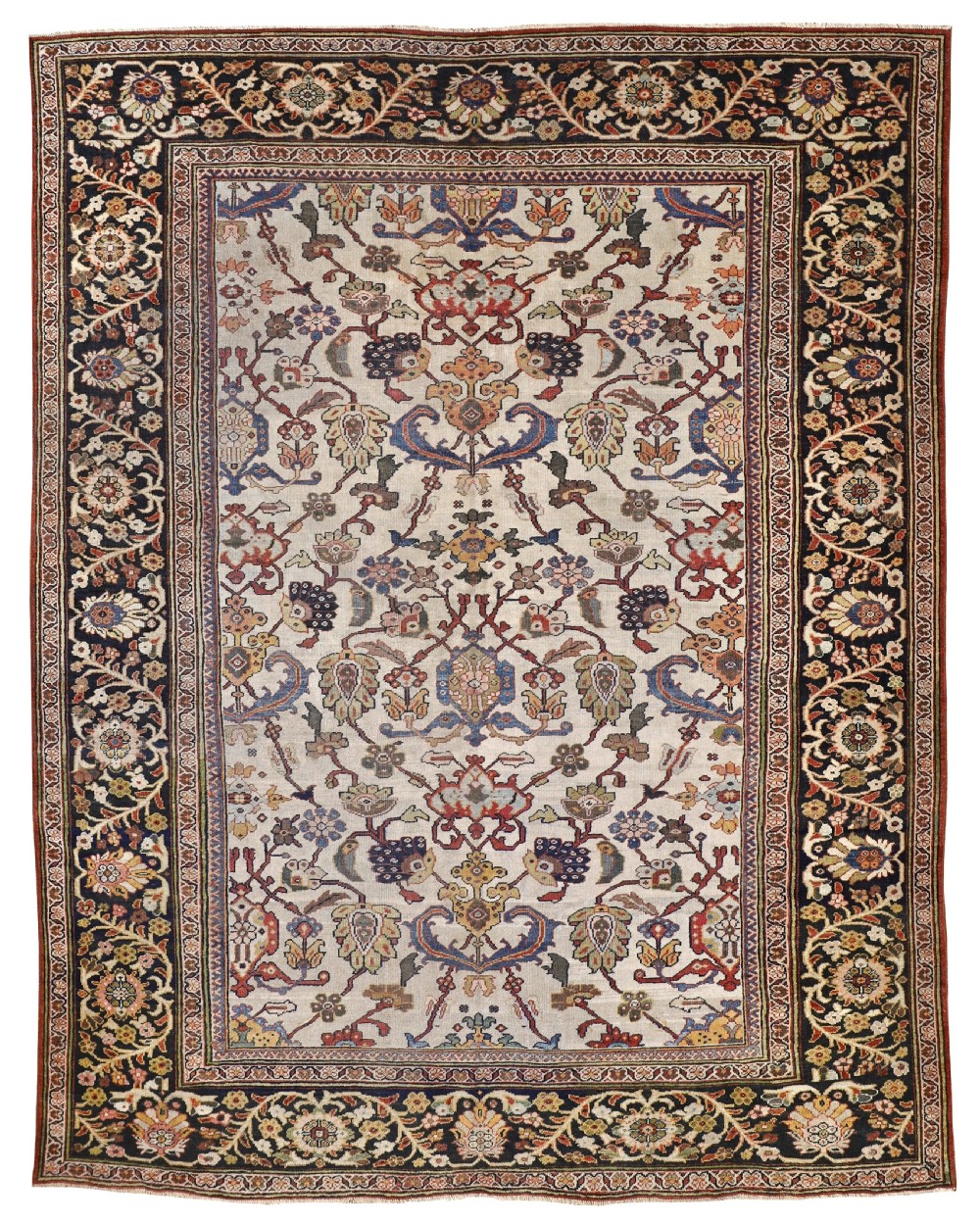 An antique Mahal hand-knotted Persian carpet featuring an ivory field with overall floral motifs framed by a wide dark navy decorative border.