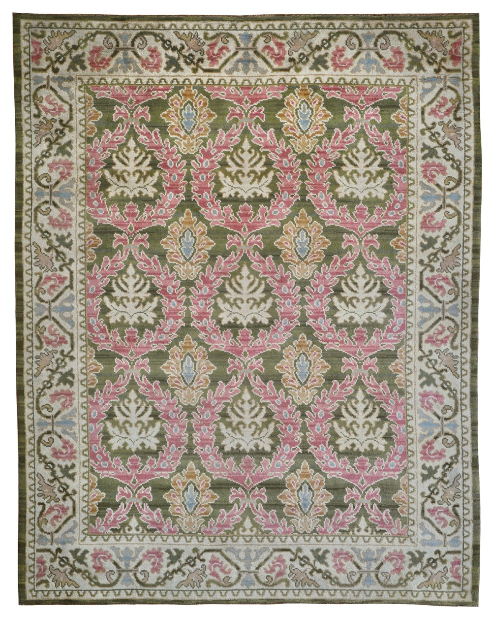 An antique Spanish Cuenca wool carpet featuring an olive green field with repeating pink and ivory foliate palmette motifs enclosed by a scrolling border.