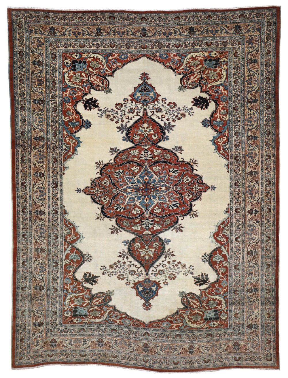 An antique Persian Tabriz wool carpet featuring a complex terracotta and navy central medallion on an ivory field with layered floral borders.
