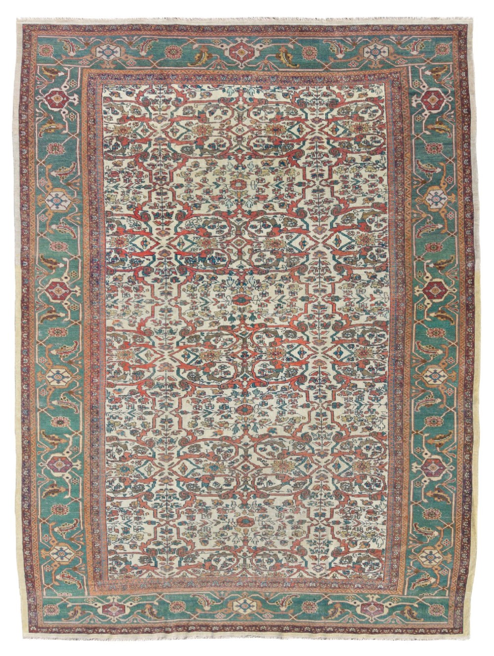 An antique Persian Sultanabad wool carpet featuring a cream field with an intricate floral lattice motif and a wide teal green border.