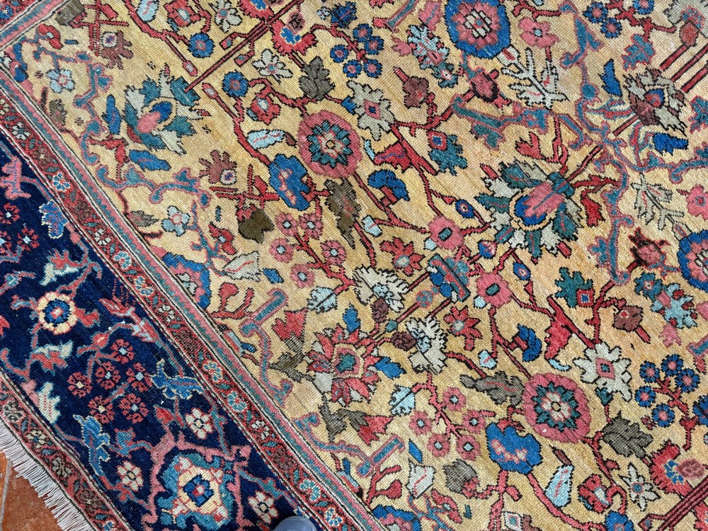 An antique Farahan Persian wool carpet with a yellow floral field framed by a dark navy decorative border. View VII