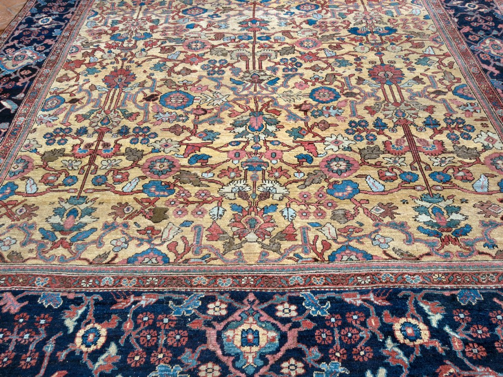 An antique Farahan Persian wool carpet with a yellow floral field framed by a dark navy decorative border. View X
