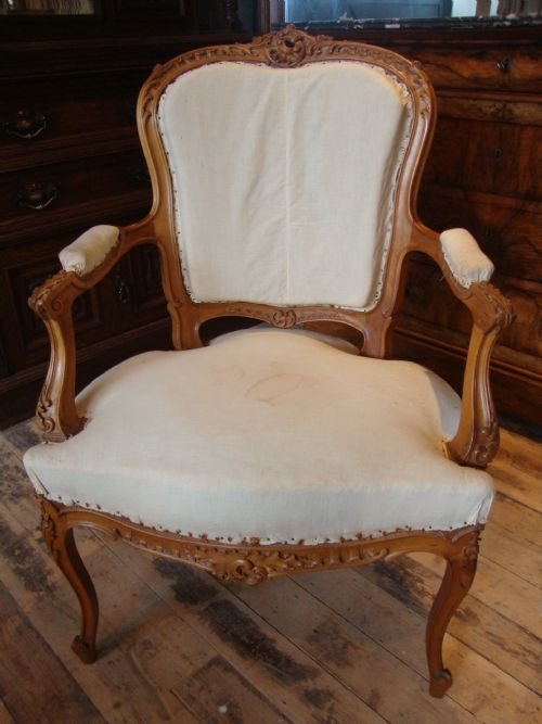 French Louis Xv1 Style Walnut Open Arm Chair