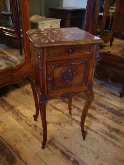 French Walnut Marble Top Bedside Cabinet