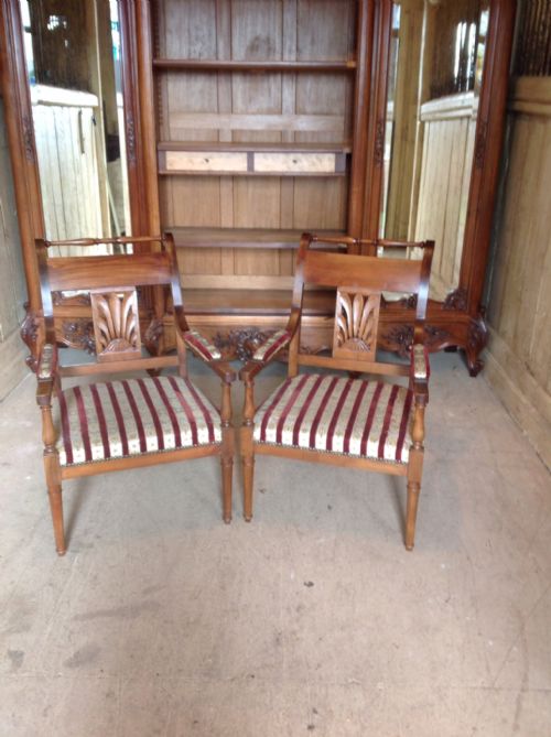 Pair French Fruitwood Open Arm Chairs.