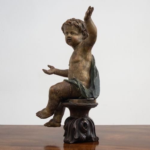 French 18th Century Carved Wood Painted Putto or Cherub