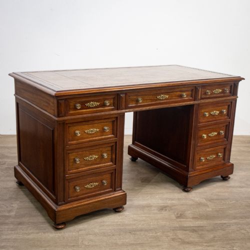 French Mahogany Pedestal Desk with Leather Top