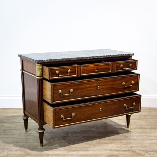 fig 1. French Mahogany Louis XVI Marble Top Commode