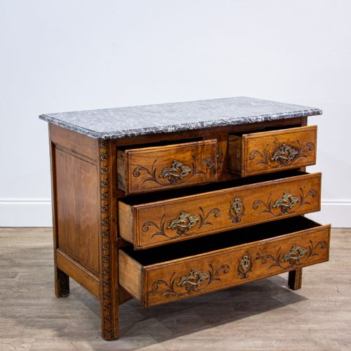 FRENCH 18TH CENTURY WALNUT LOUIS XV MARBLE TOP COMMODE - ADDITIONAL PHOTO 1