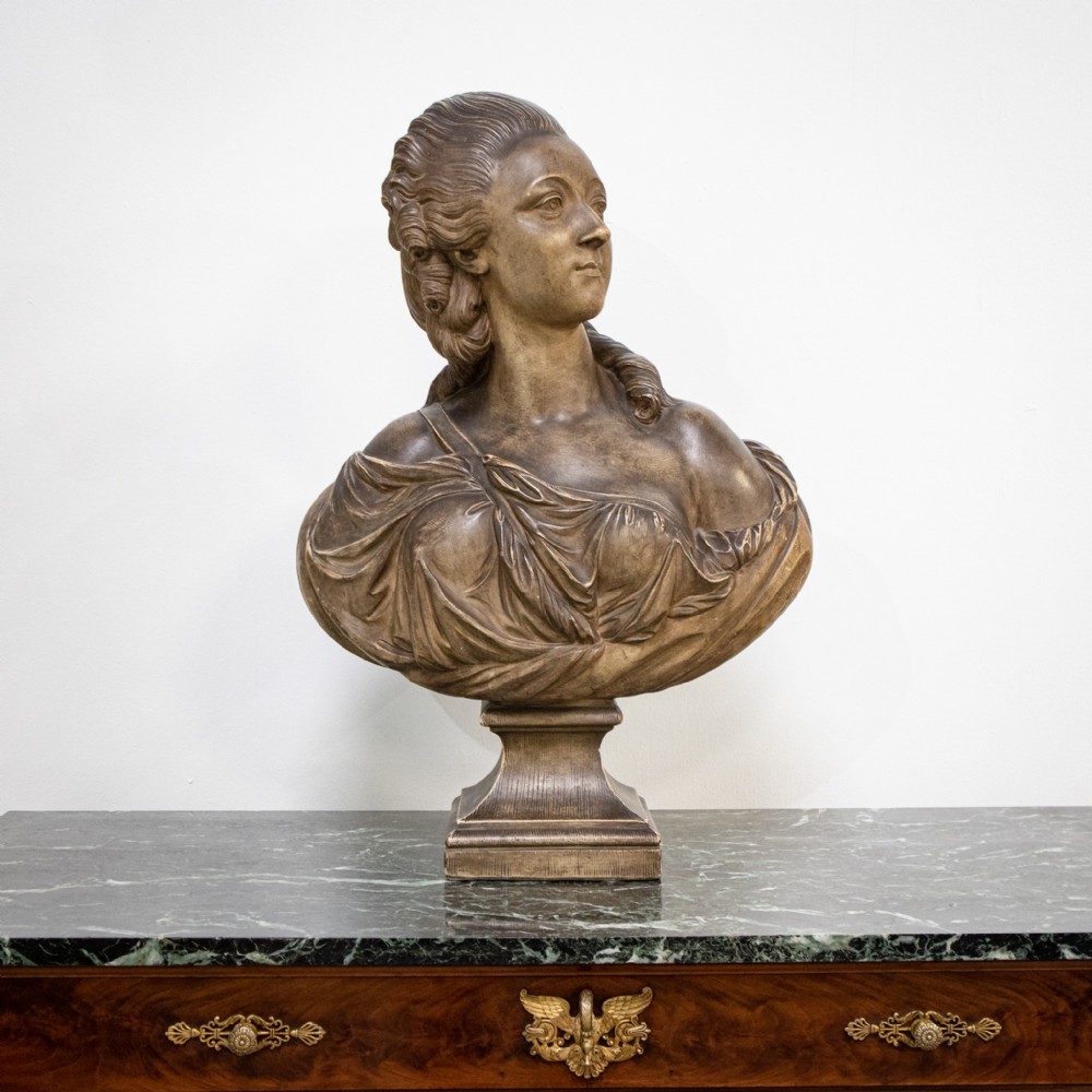Large French Painted Terracotta Bust of Madame Du Barry After Augustin Pajou