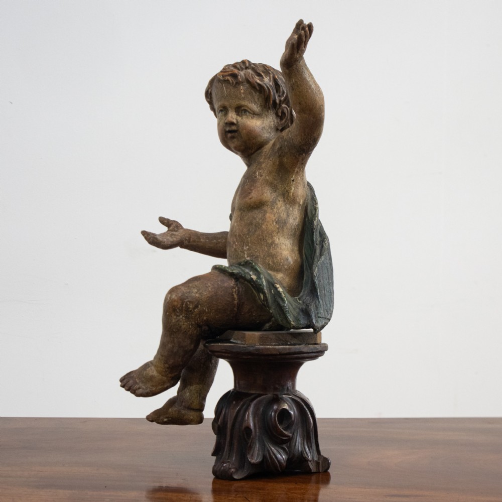 French 18th Century Carved Wood Painted Putto or Cherub