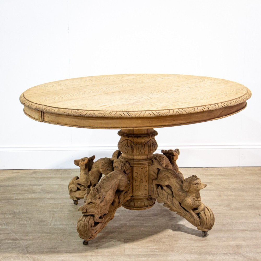 French Bleached Oak Centre Table with Carved Animals