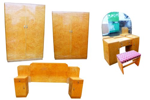 Extensive Burr Walnut Art Deco Bedroom Suite Comprising Two Wardrobes Dressing Table Bed Pair Bedsides + Stool