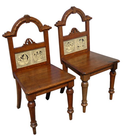Pair of Victorian Oak Hall Chairs with Doulton Tiles