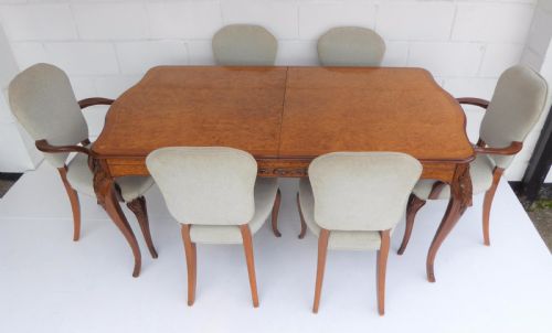 Epstein Inlaid Burr Walnut Dining Table and Six chairs