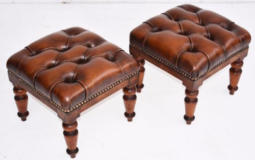 Pair Victorian Hand Dyed Deep Buttoned Antique Brown Leather Footstools