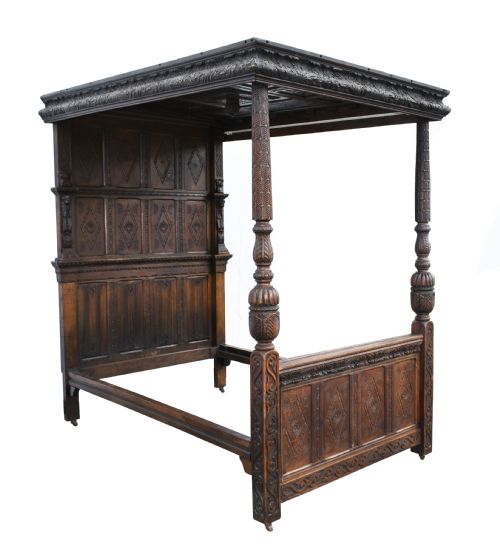 17th Century Elizabethan Carved Oak Four Poster Bed