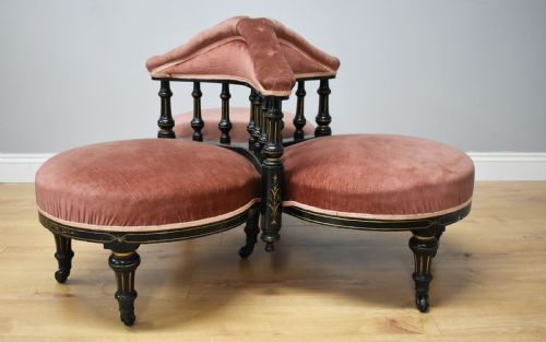 19th Century Victorian Ebonised Three Seat Conversation Seat