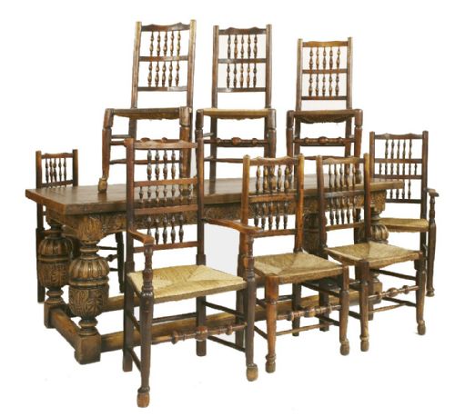 20th Century Carved Oak Refectory Table & 8 Dining Chairs