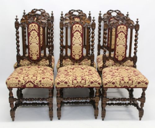 Set Eight Victorian Oak Carved Dining Chairs