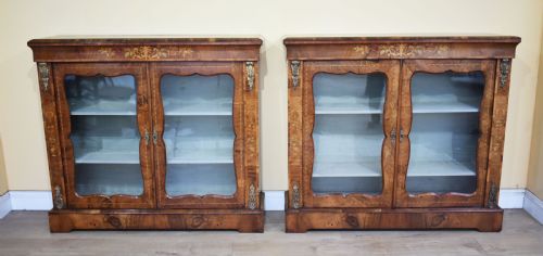 Pair of 19th Century Victorian Walnut & Marquetry Pier Cabinets