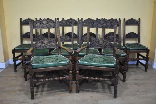 Set of 12 Carved Oak Dining Chairs